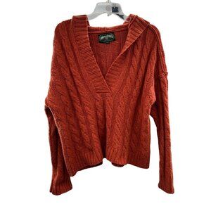 American Eagle Hooded Knit Sweater Women's Size Small Orange V-Neck Long Sleeve